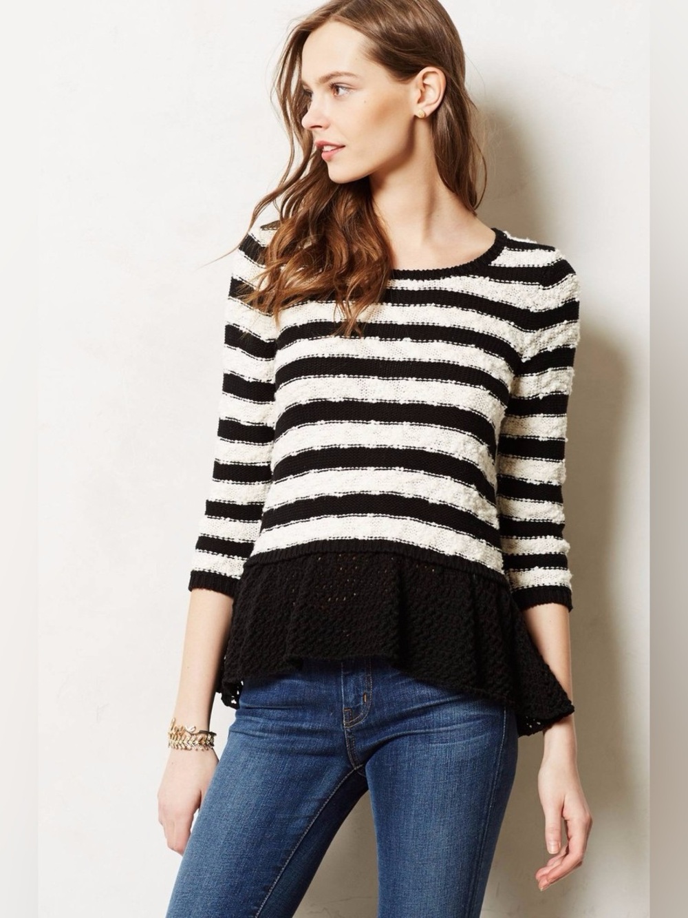 Anthropologie Knitted & Knotted Black and White Striped Peplum Sweater. Size M